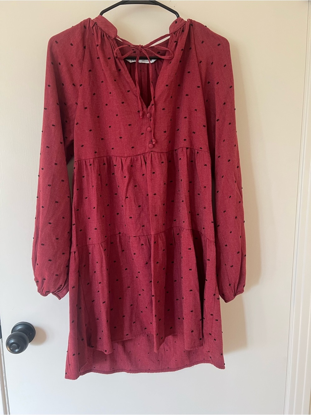 Zara Dusty Red Long-Sleeve Tiered Tunic Dress with Black Dot Detail